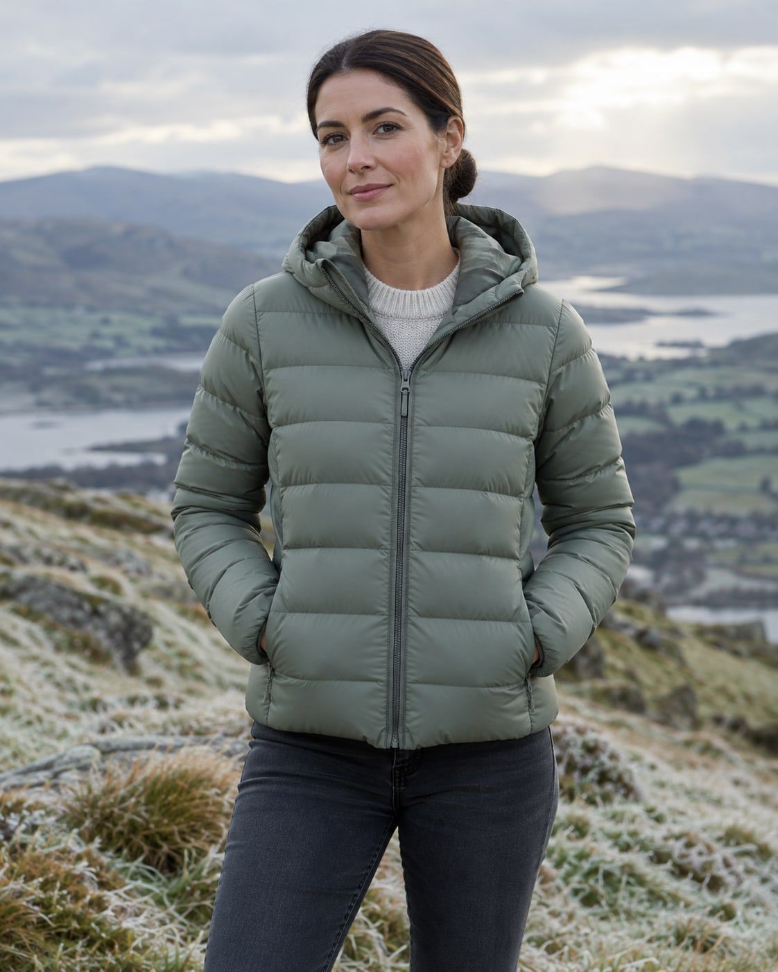 A woman in a sage green puffer jacket on a frosty hillside.