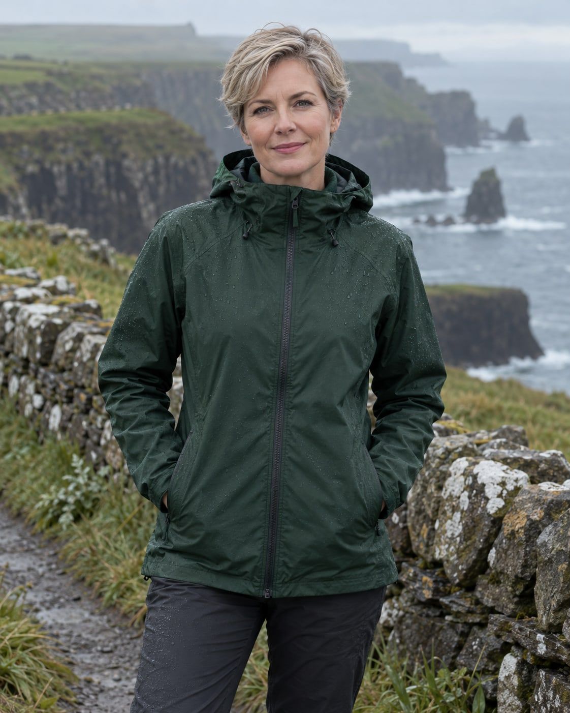 A woman in a deep green waterproof jacket on an Atlantic clifftop path beside a stone wall.