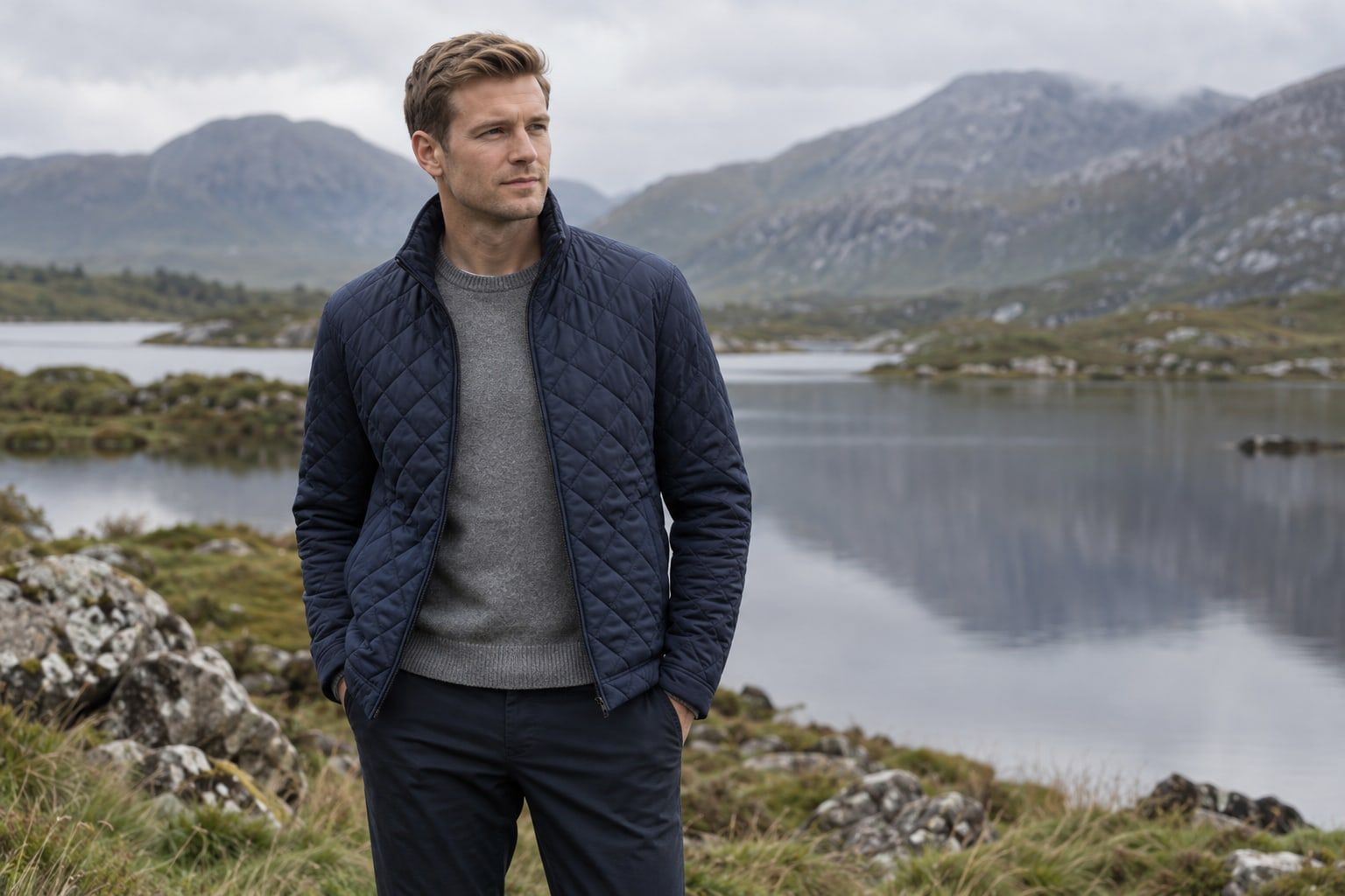 A man in a navy quilted jacket over a grey jumper standing by a lake in Connemara.