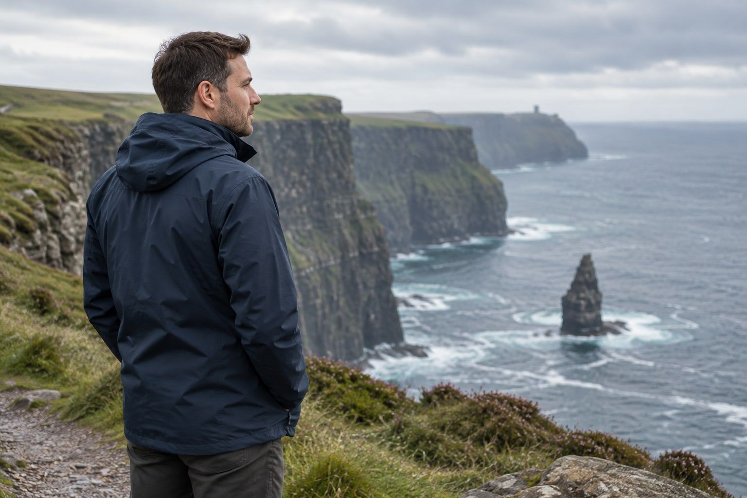 A man in a navy waterproof jacket stands on an Atlantic clifftop path looking out to sea.
