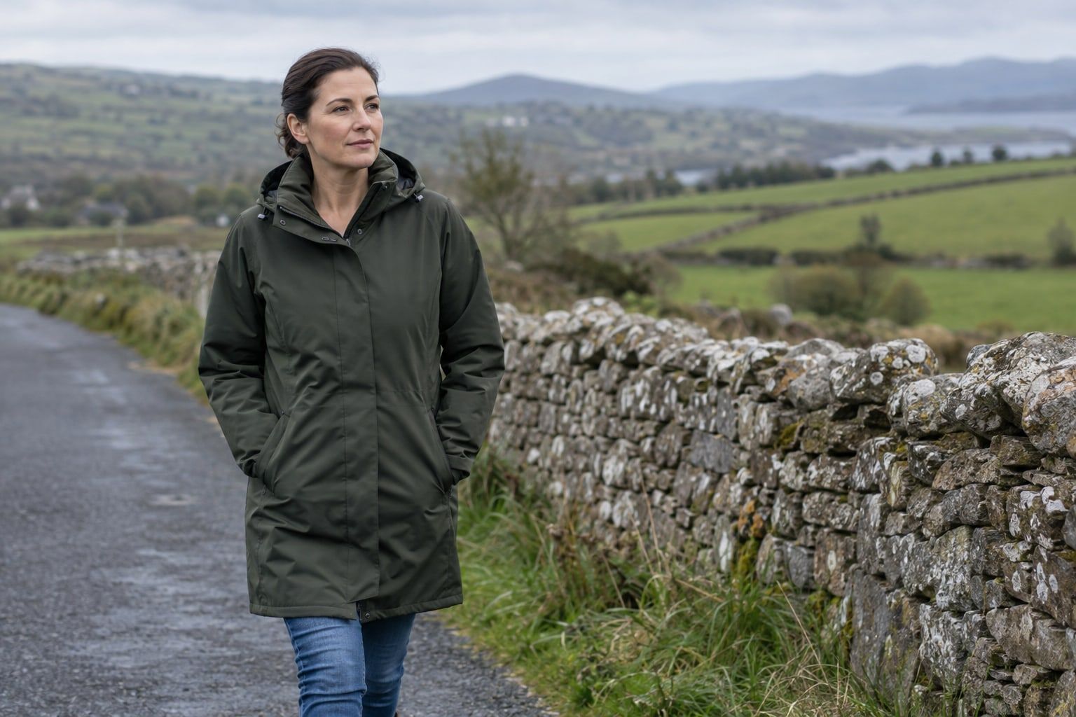 A woman in a long dark green parka with neatly tied-back hair walking on a country road beside a dry-stone wall.